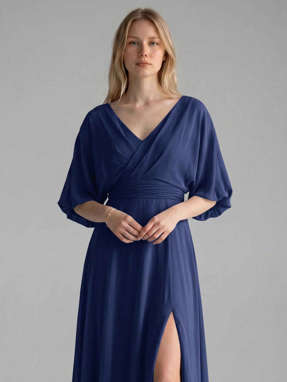 V-neck Slit Ruched Mother Dress 