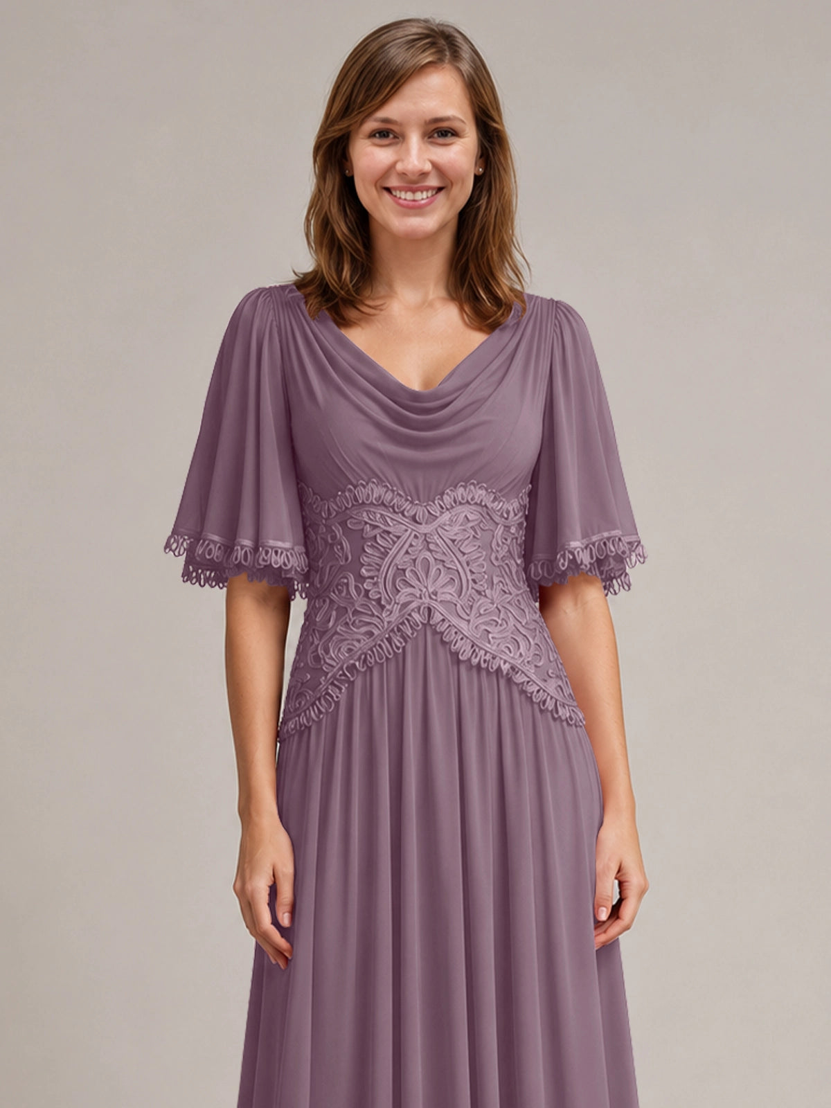 Cowl Neck Mother of the Bride Dress with Applique 