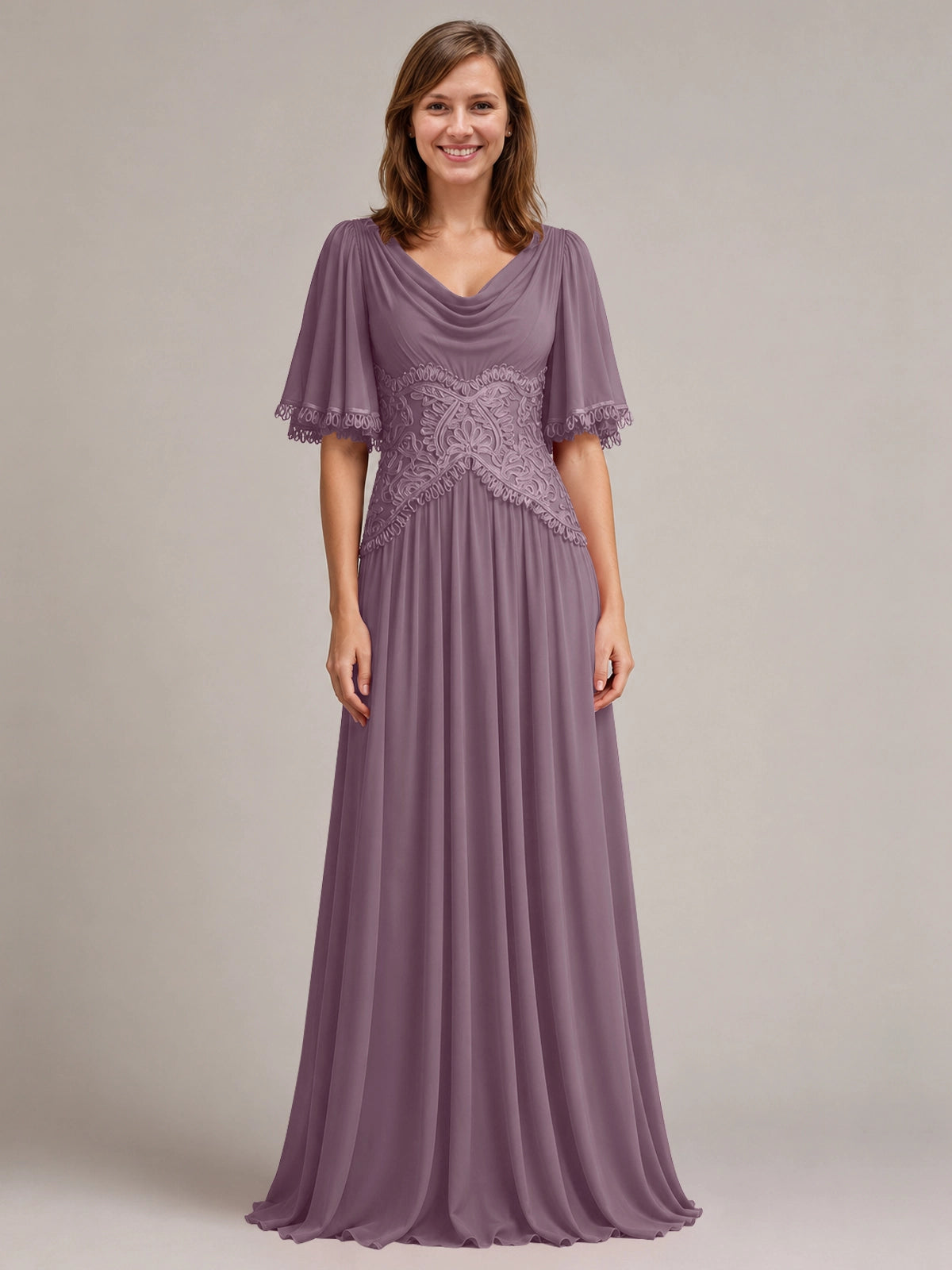 Cowl Neck Mother of the Bride Dress with Applique 