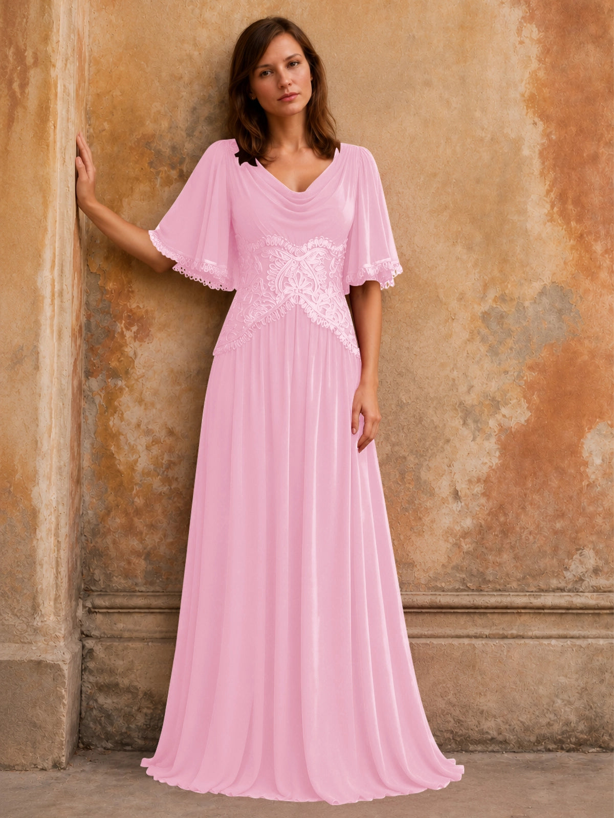 Cowl Neck Mother of the Bride Dress with Applique 