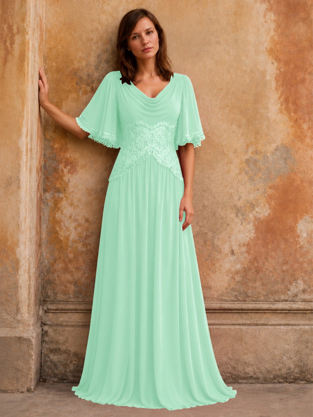 Cowl Neck Mother of the Bride Dress with Applique 