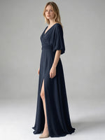 V-neck Slit Ruched Mother Dress 