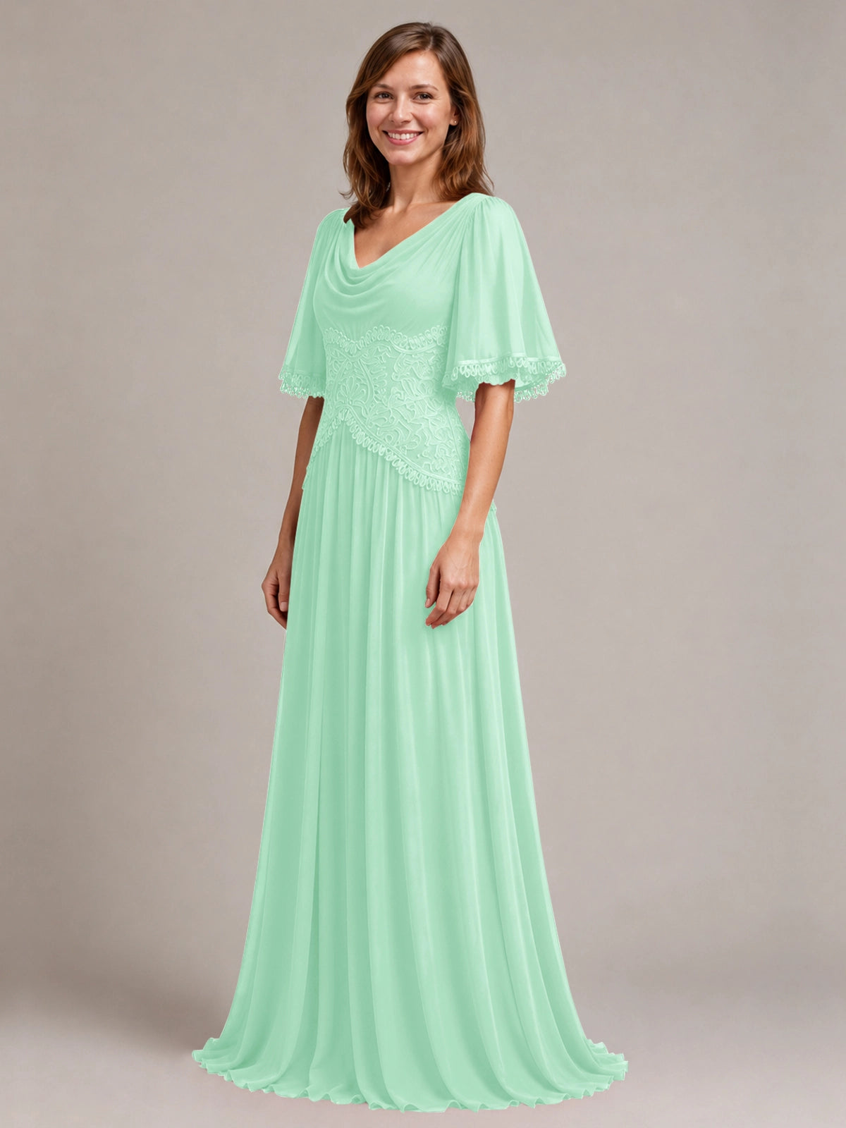 Cowl Neck Mother of the Bride Dress with Applique 