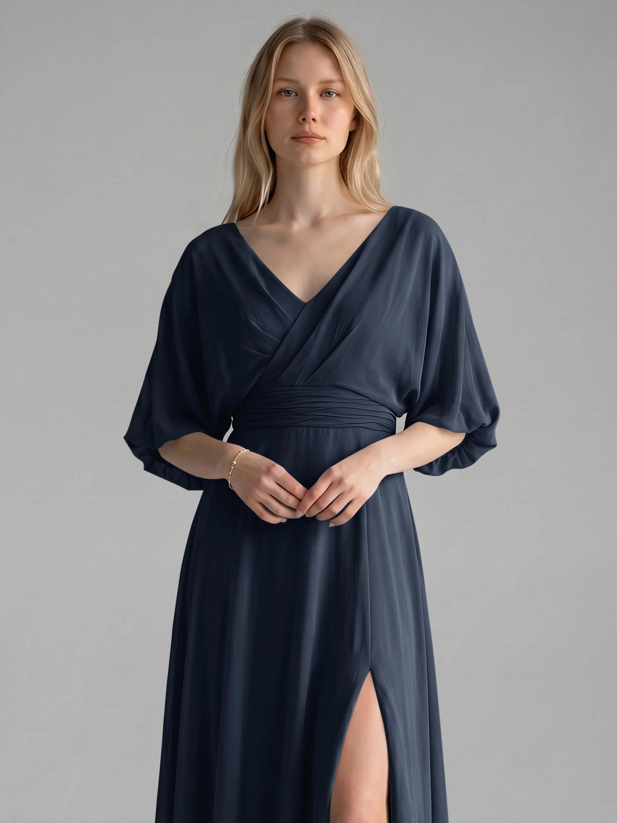 V-neck Slit Ruched Mother Dress 
