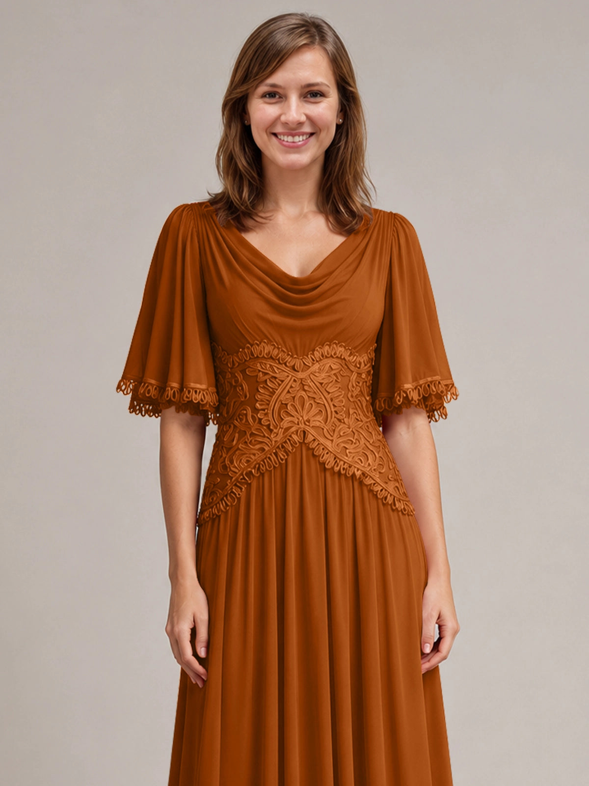 Cowl Neck Mother of the Bride Dress with Applique 
