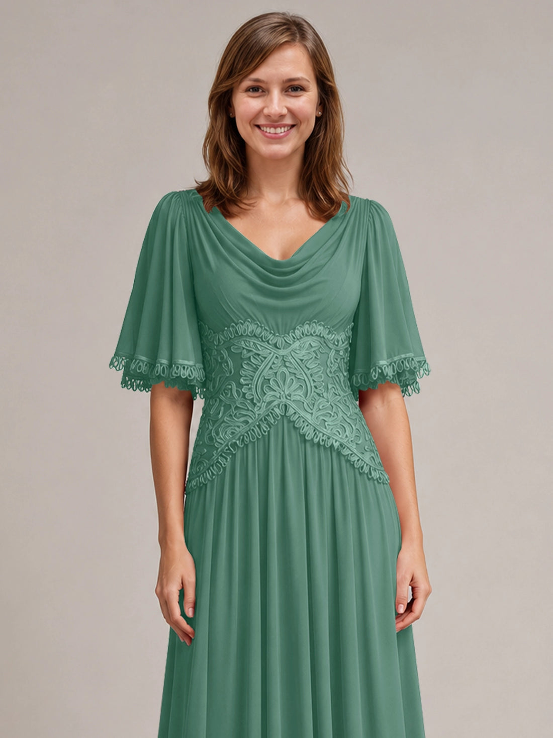 Cowl Neck Mother of the Bride Dress with Applique 