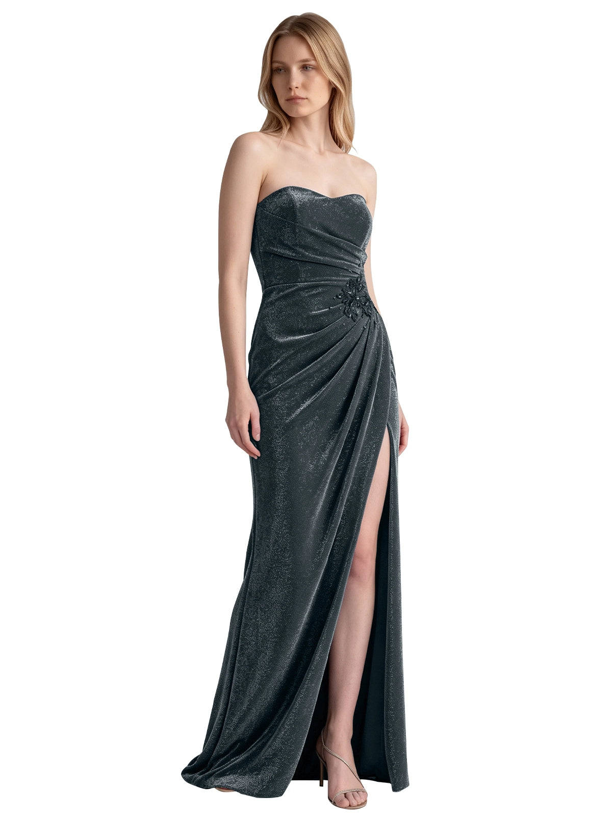Velvet Prom Dress with Beaded Applique 