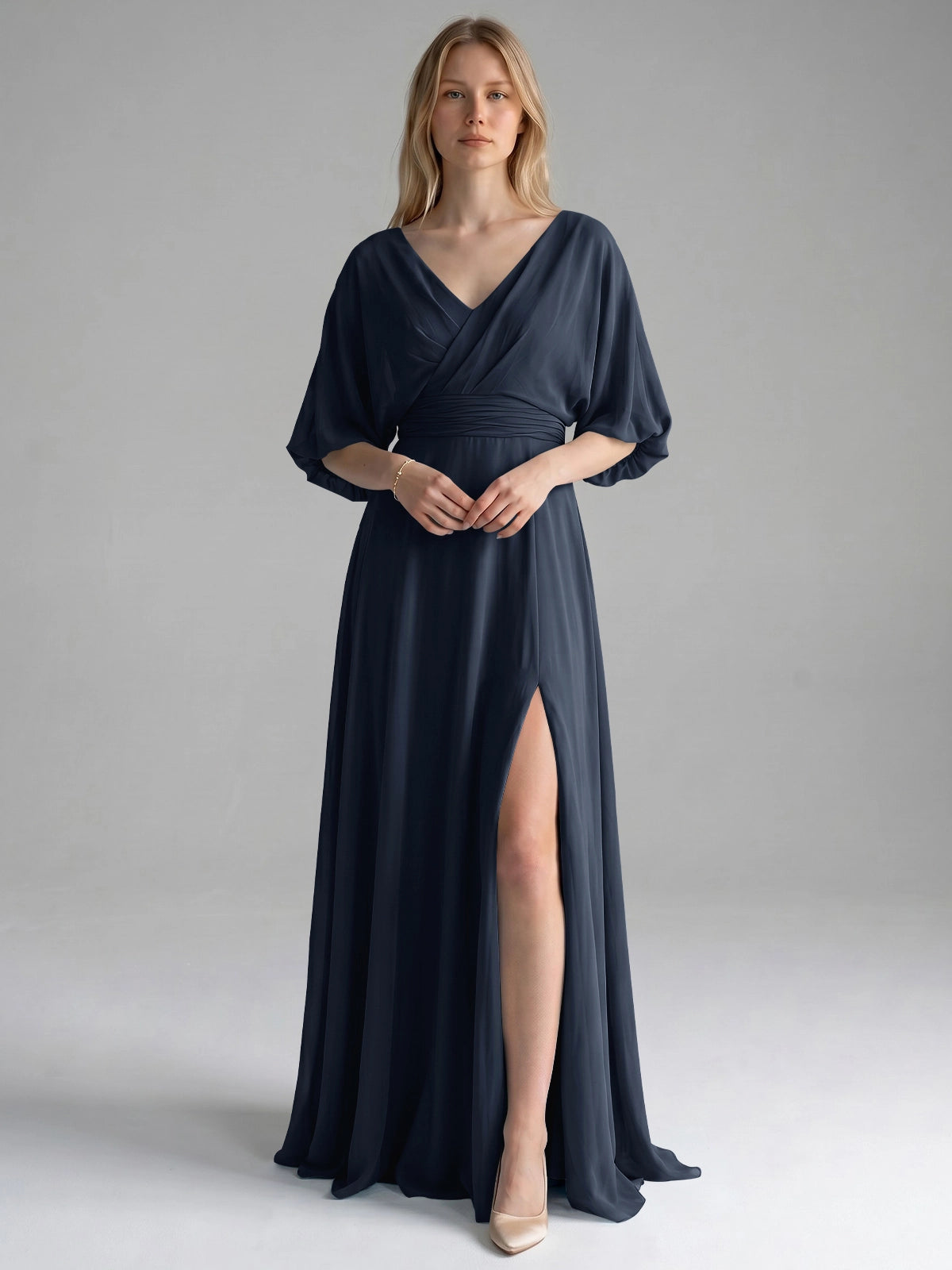 V-neck Slit Ruched Mother Dress 