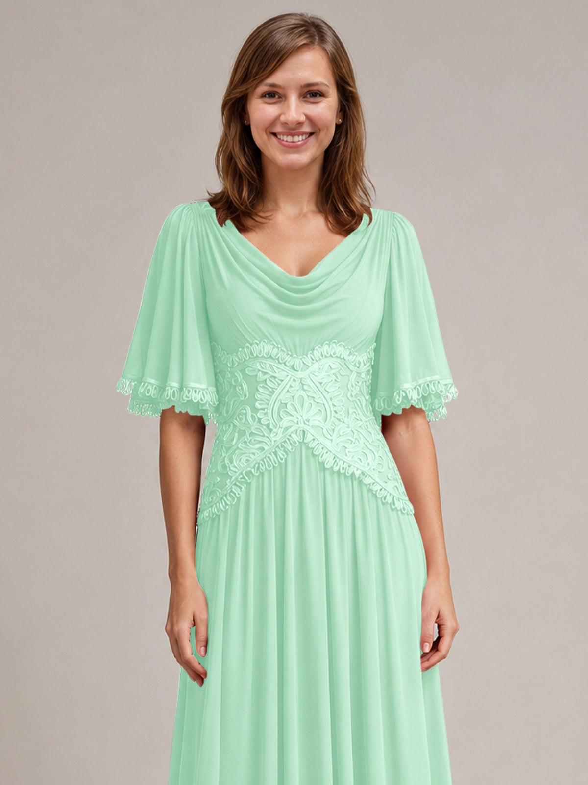 Cowl Neck Mother of the Bride Dress with Applique 