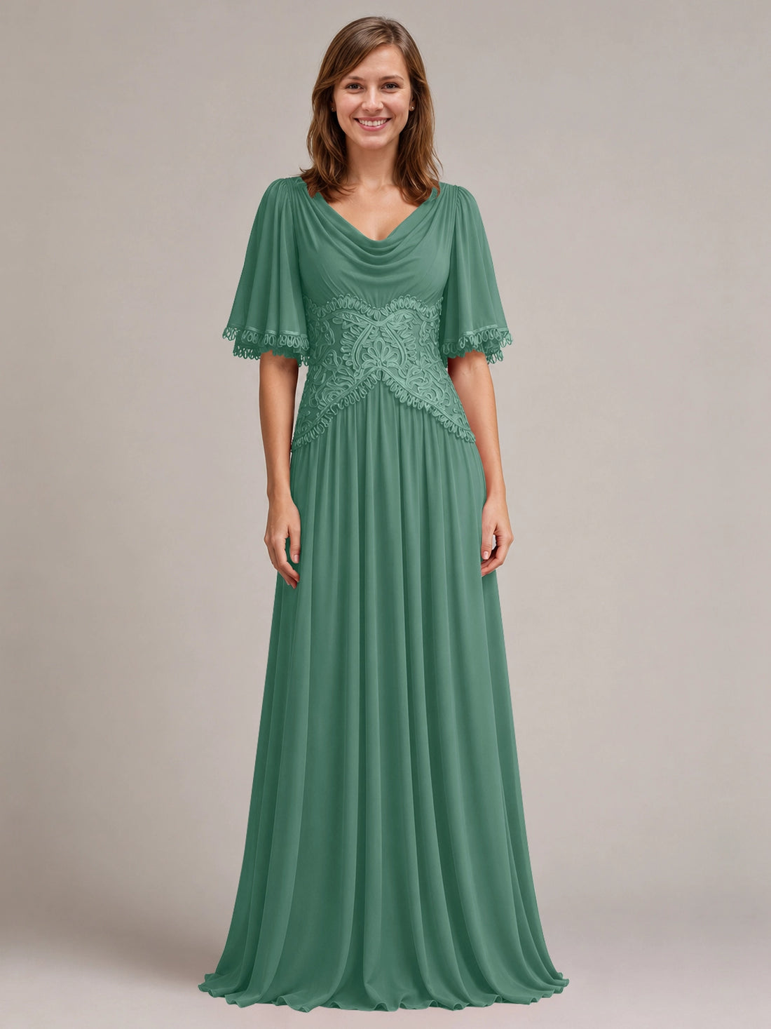 Cowl Neck Mother of the Bride Dress with Applique 