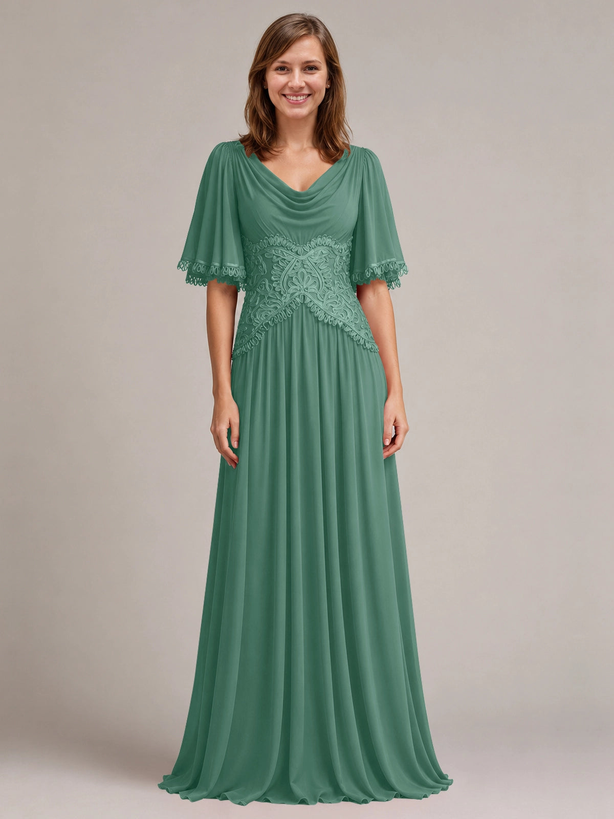 Cowl Neck Mother of the Bride Dress with Applique 