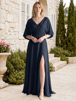 V-neck Slit Ruched Mother Dress 