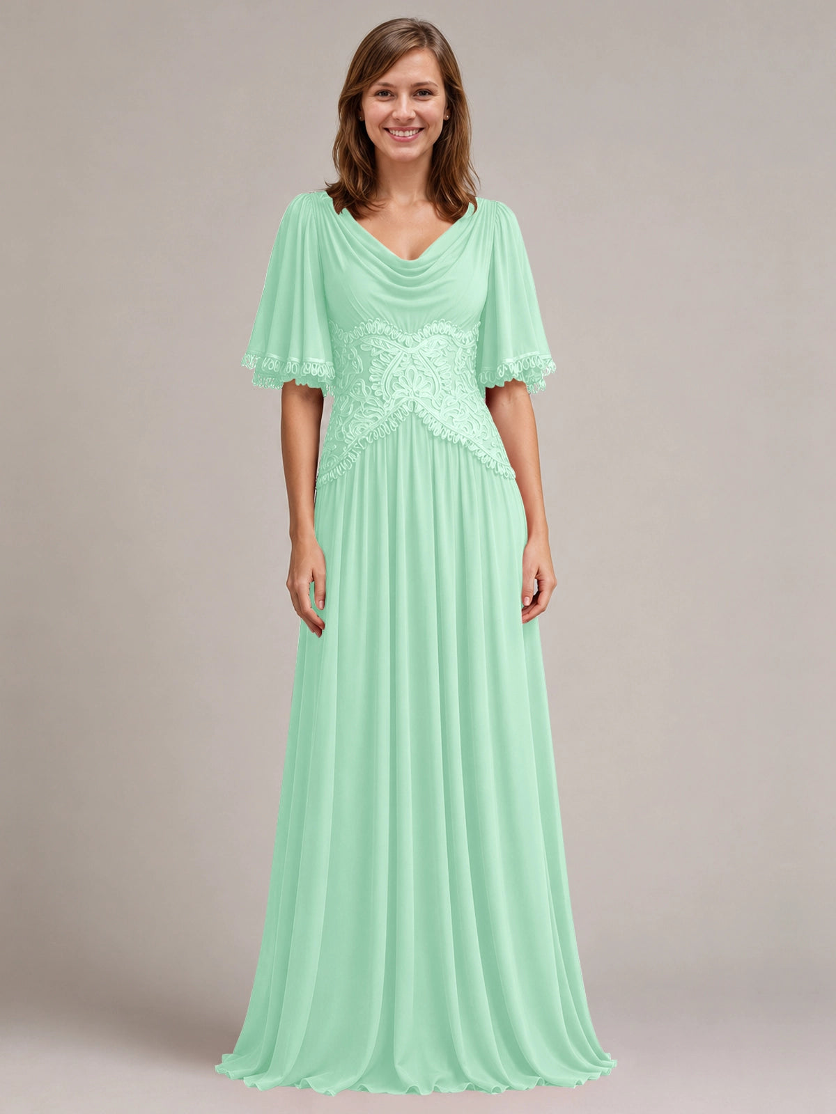Cowl Neck Mother of the Bride Dress with Applique 