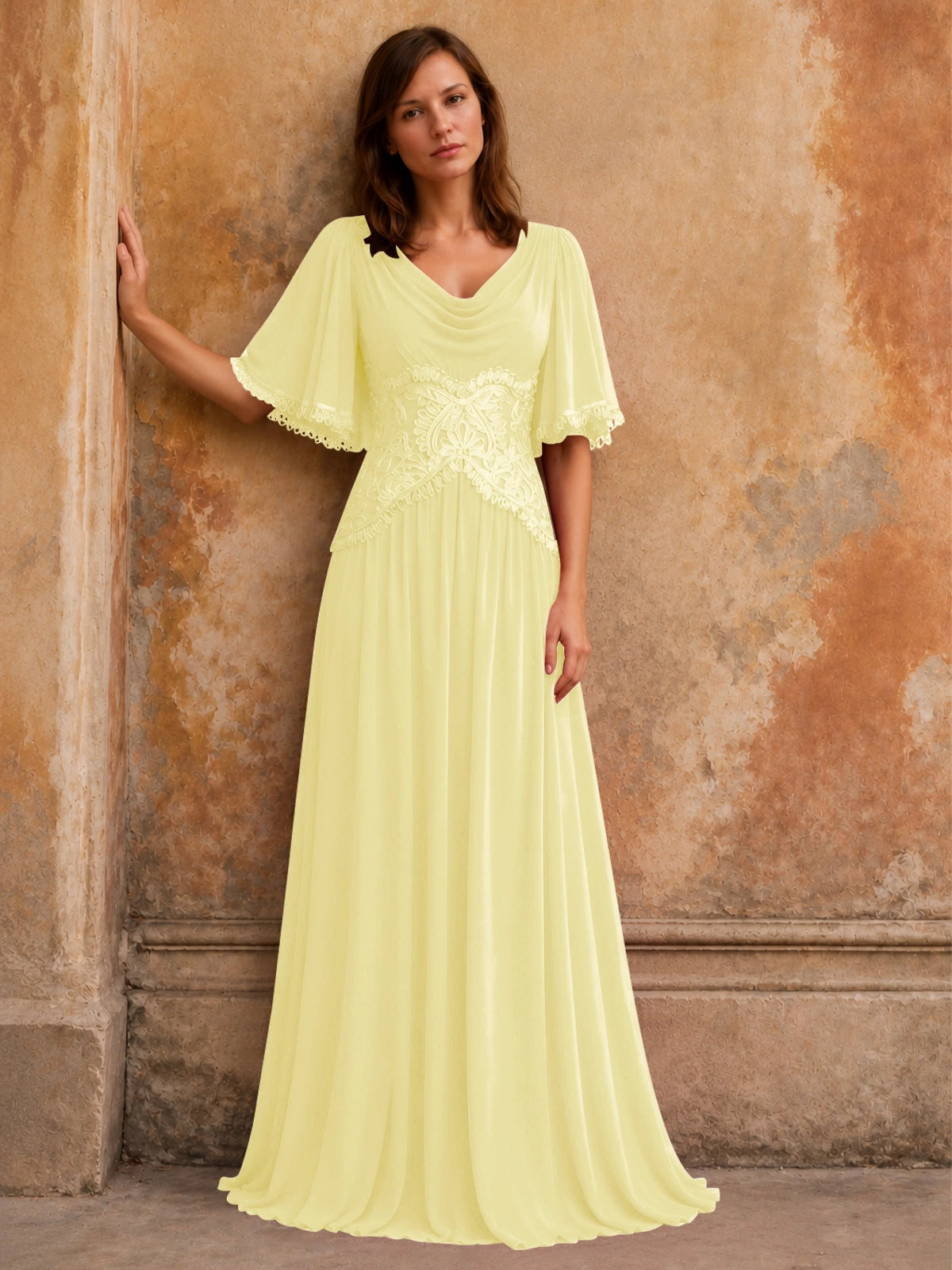 Cowl Neck Mother of the Bride Dress with Applique 