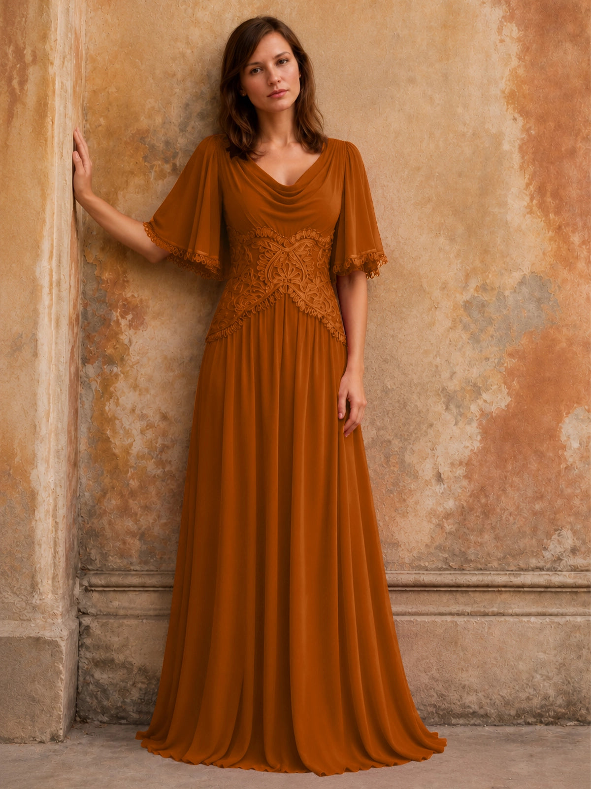 Cowl Neck Mother of the Bride Dress with Applique 