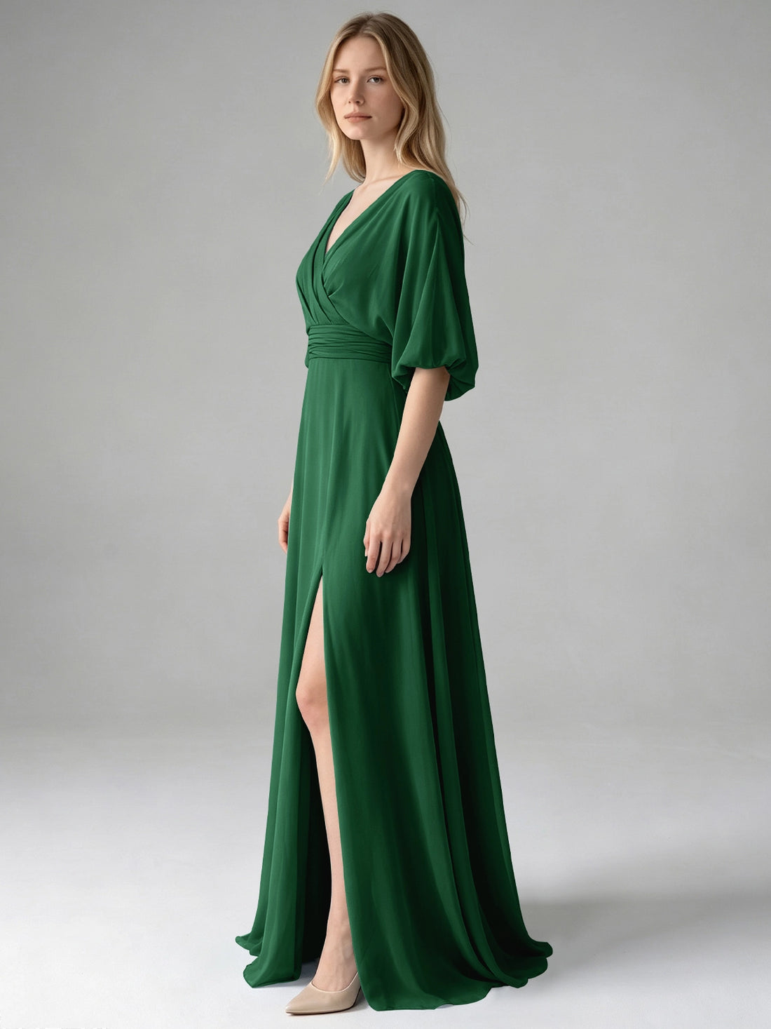 V-neck Slit Ruched Mother Dress 