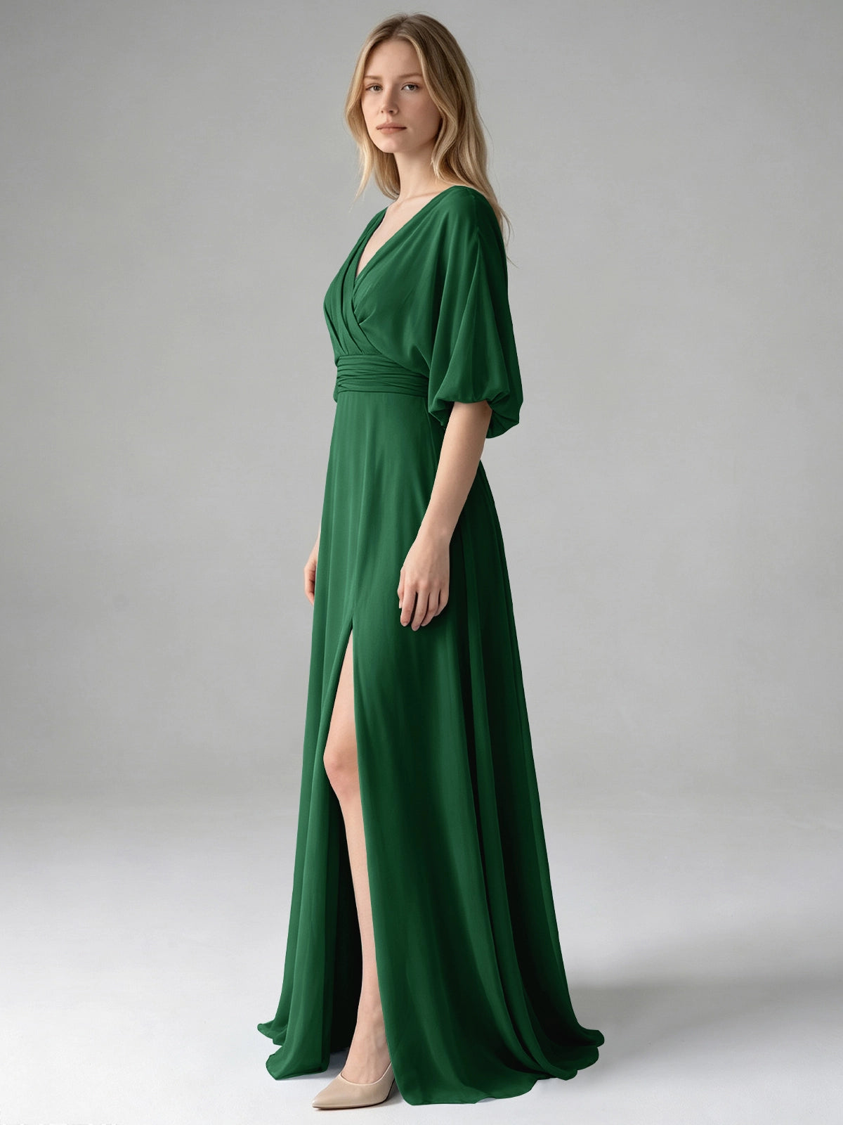 V-neck Slit Ruched Mother Dress 