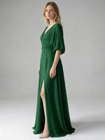 V-neck Slit Ruched Mother Dress 