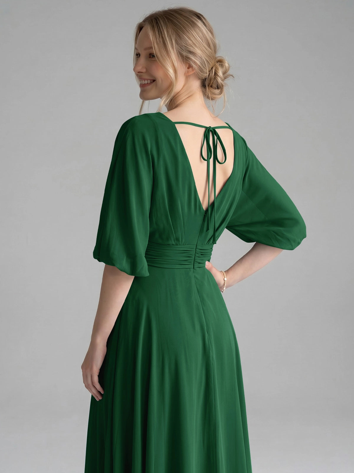 V-neck Slit Ruched Mother Dress 
