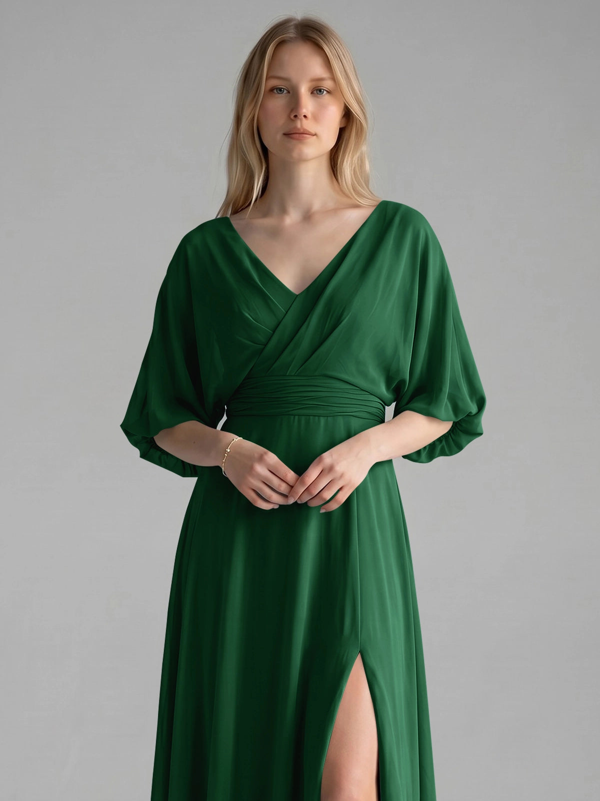 V-neck Slit Ruched Mother Dress 
