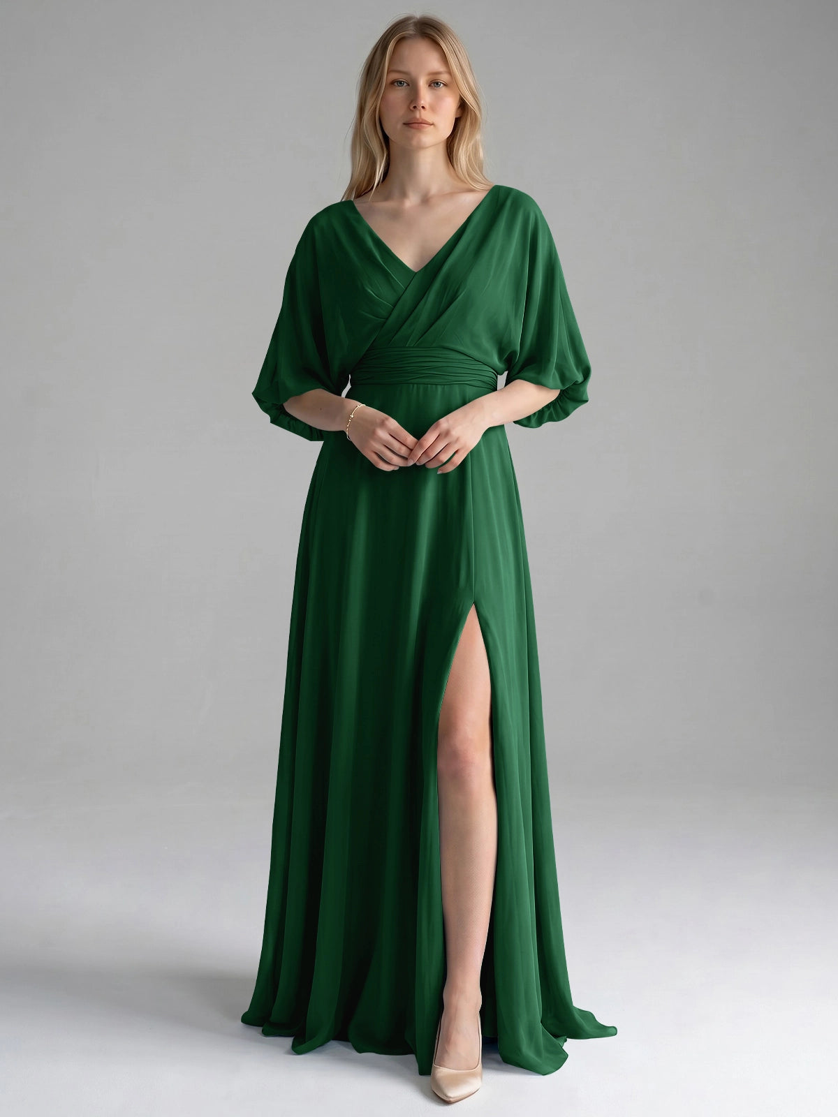 V-neck Slit Ruched Mother Dress 
