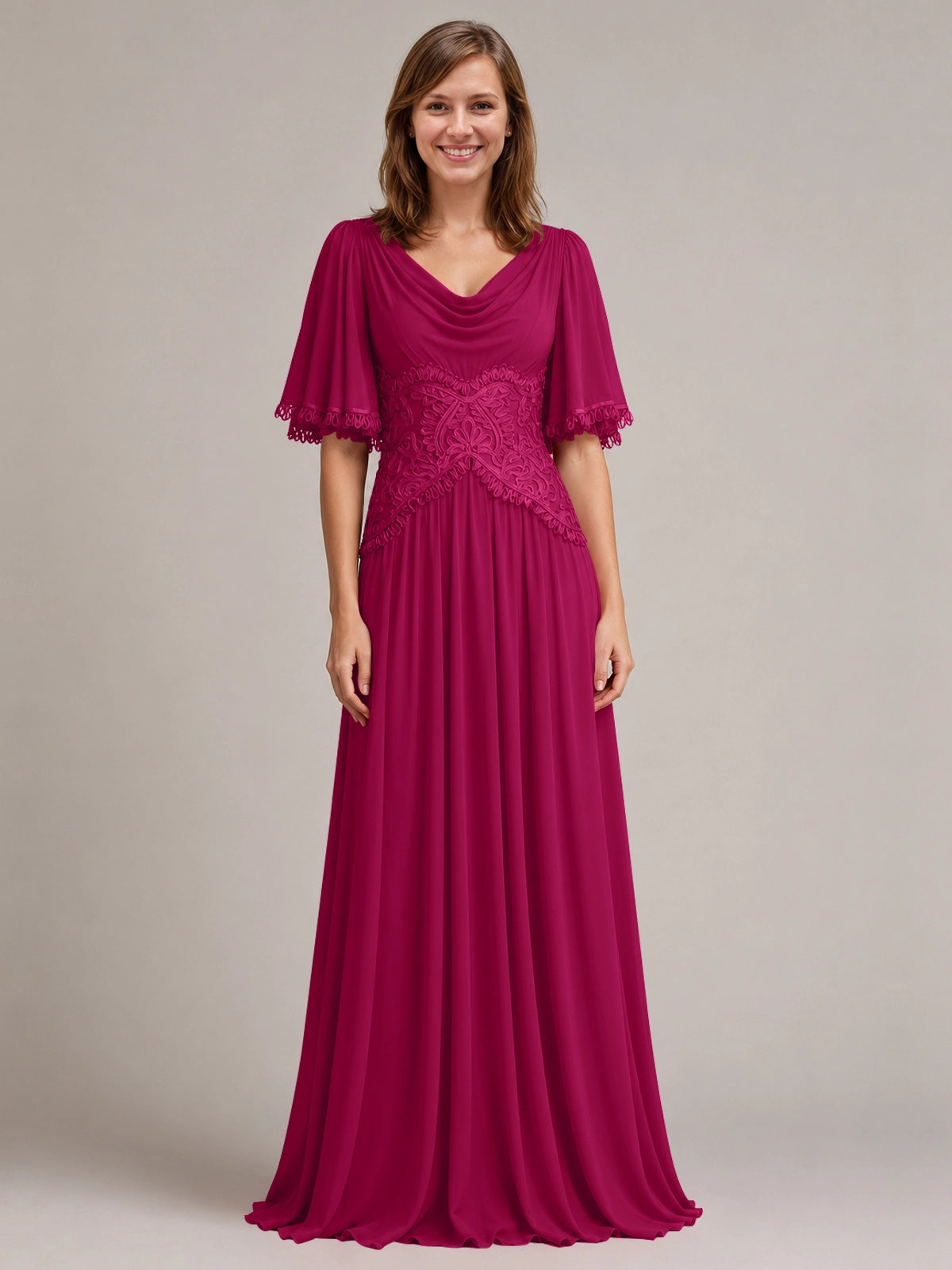 Cowl Neck Mother of the Bride Dress with Applique 