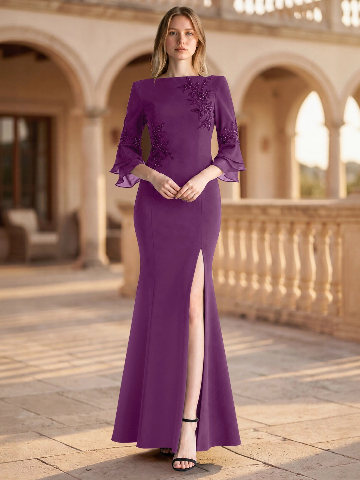 Chiffon Mother of the Bride Dress with 3/4 Sleeves
