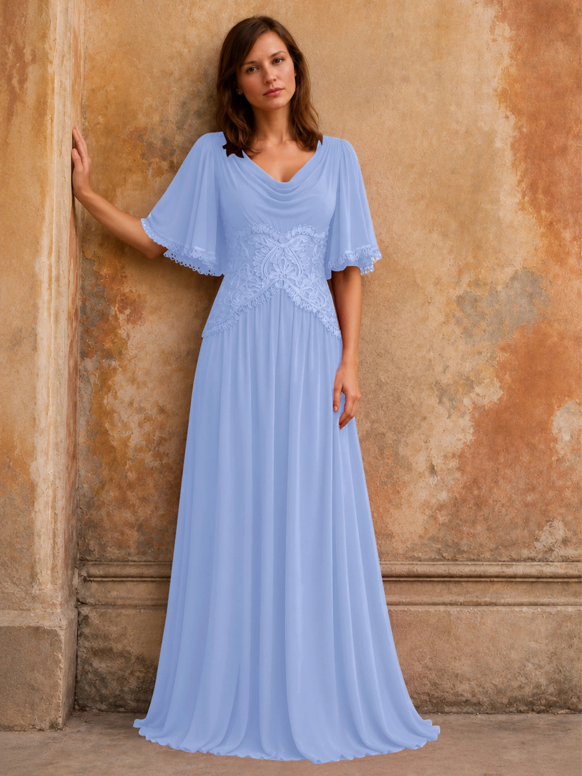 Cowl Neck Mother of the Bride Dress with Applique 