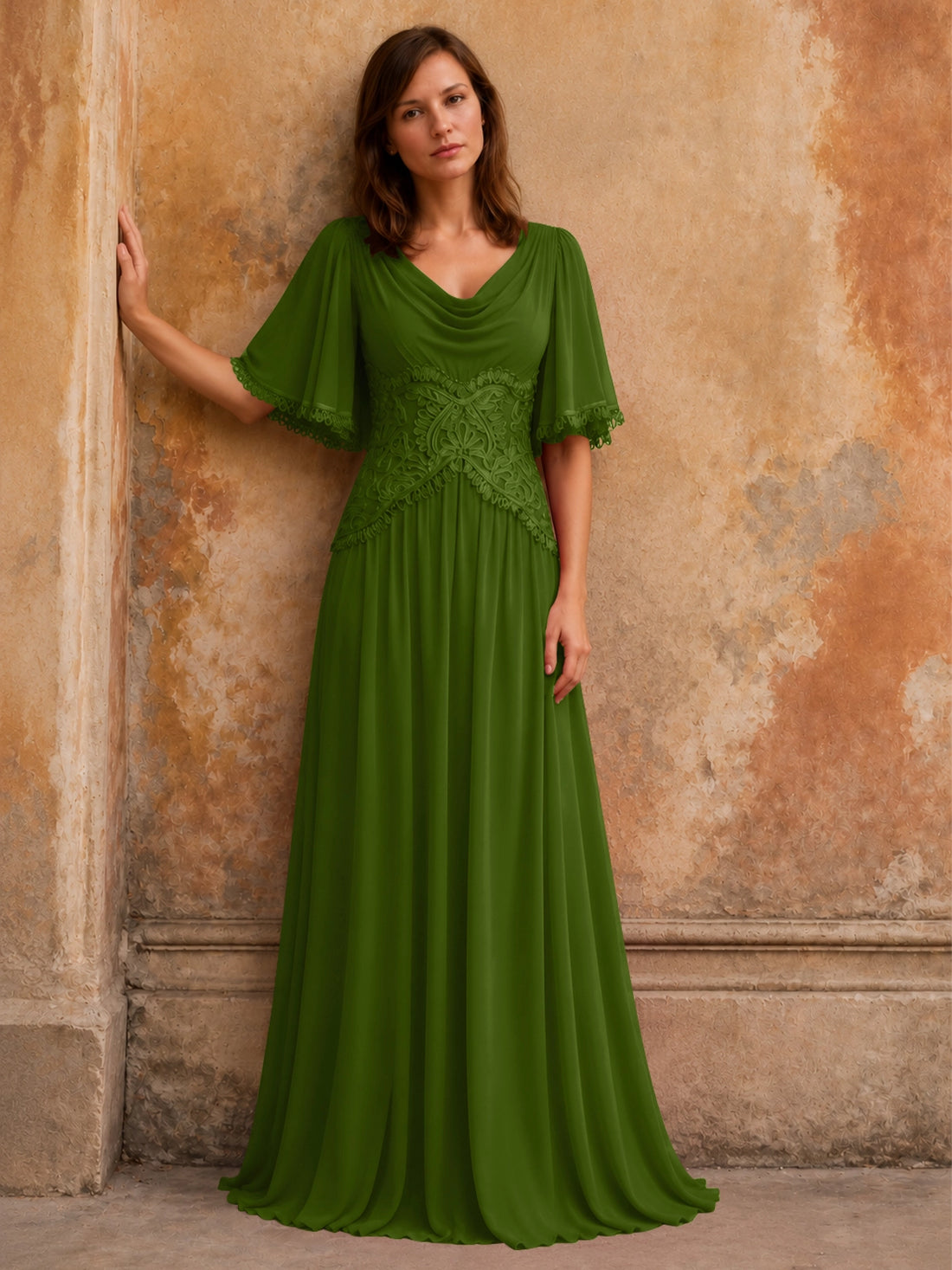 Cowl Neck Mother of the Bride Dress with Applique 