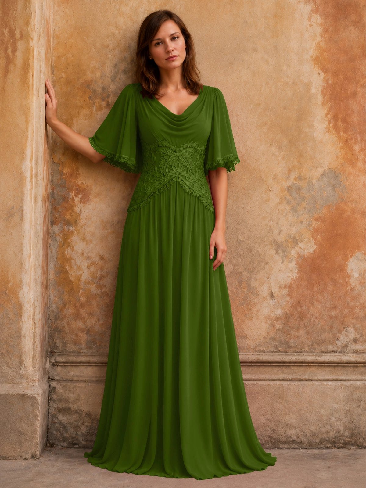 Cowl Neck Mother of the Bride Dress with Applique 