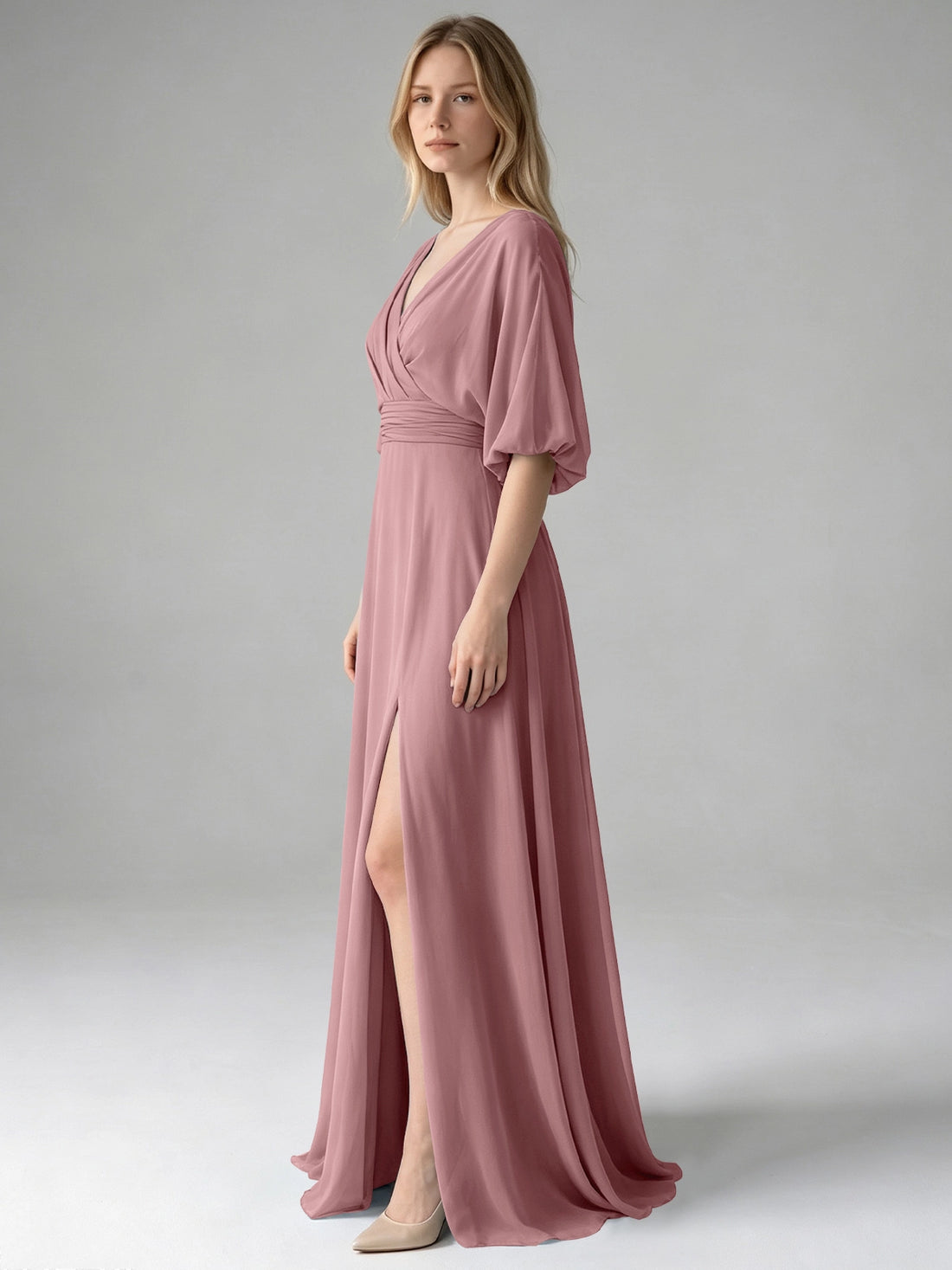 V-neck Slit Ruched Mother Dress 
