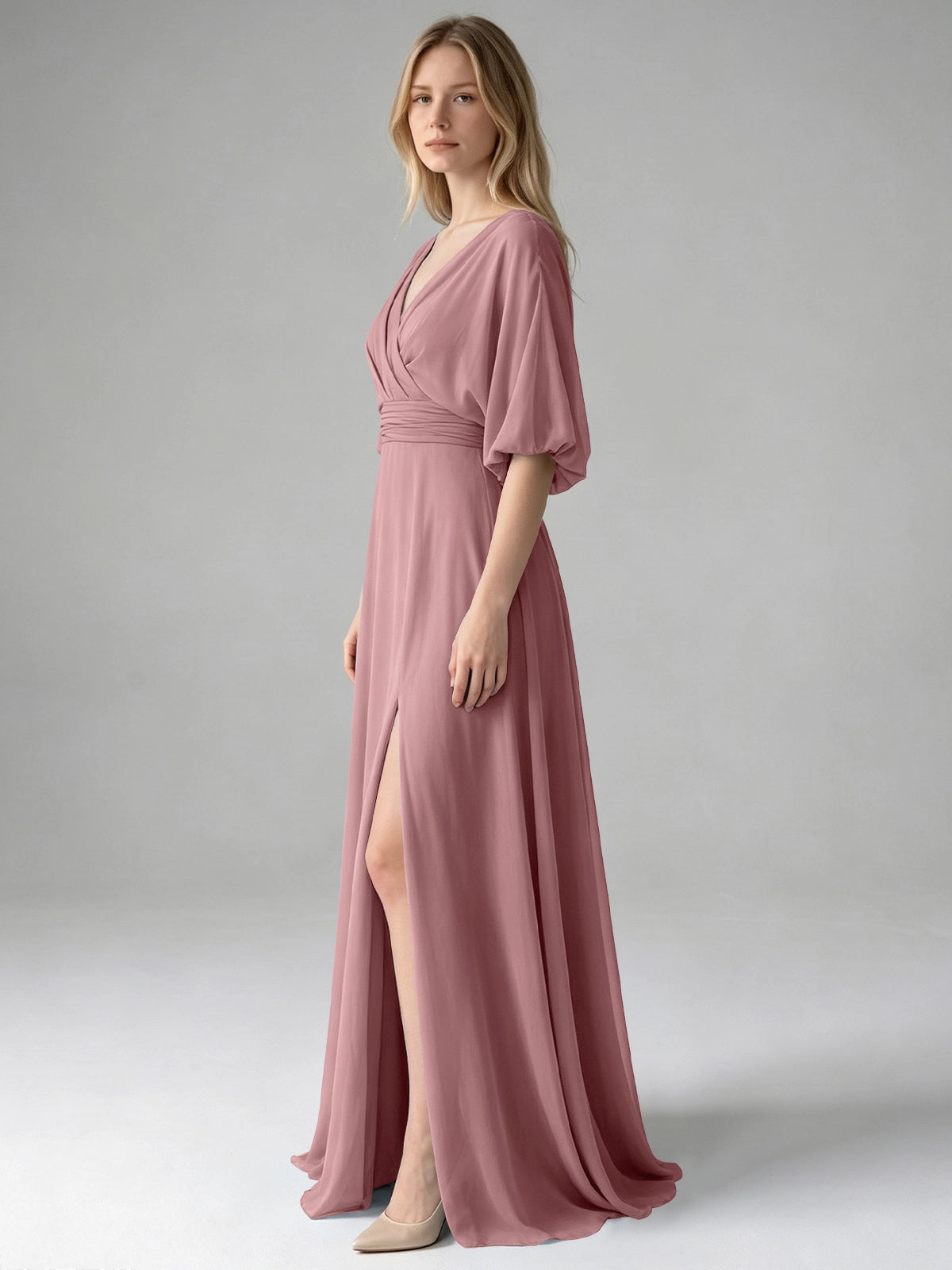 V-neck Slit Ruched Mother Dress 