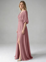 V-neck Slit Ruched Mother Dress 
