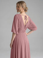 V-neck Slit Ruched Mother Dress 