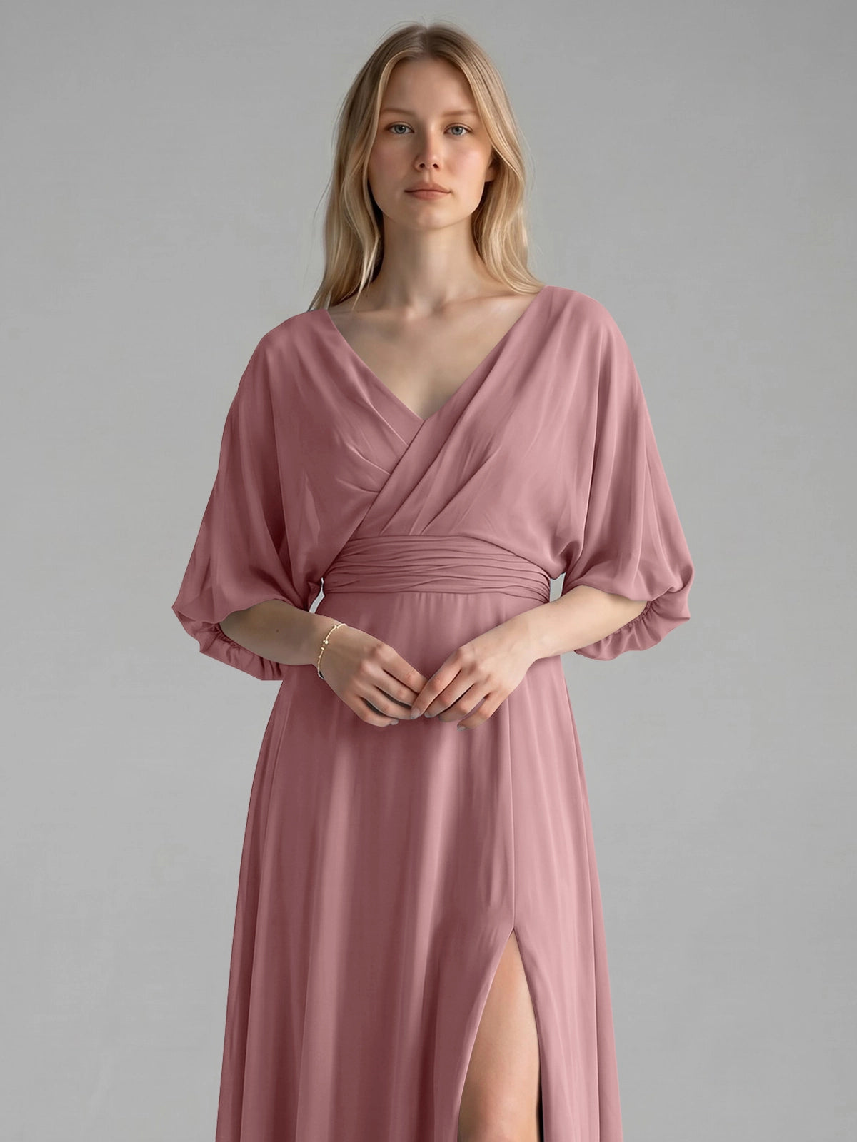V-neck Slit Ruched Mother Dress 