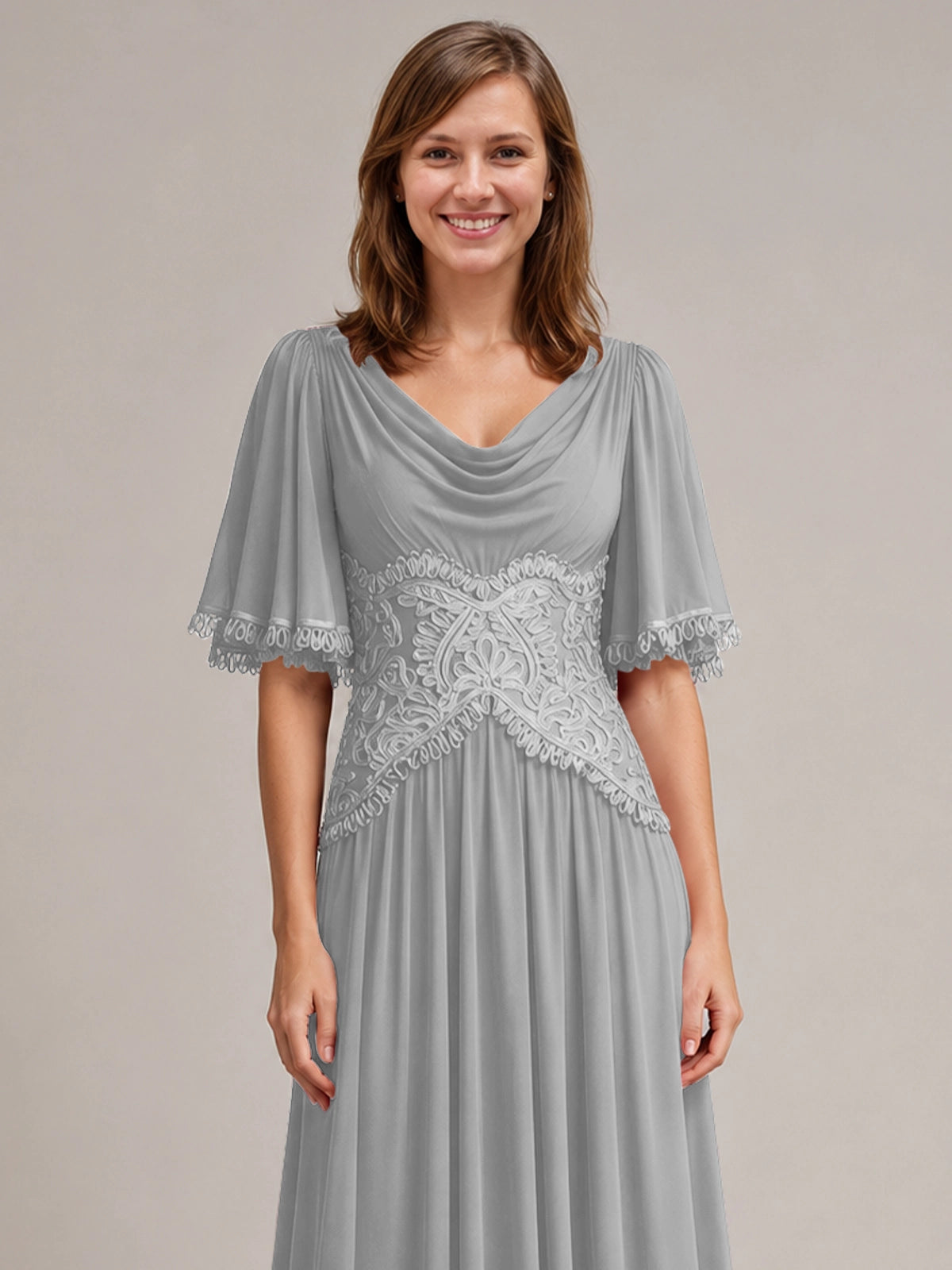 Cowl Neck Mother of the Bride Dress with Applique 