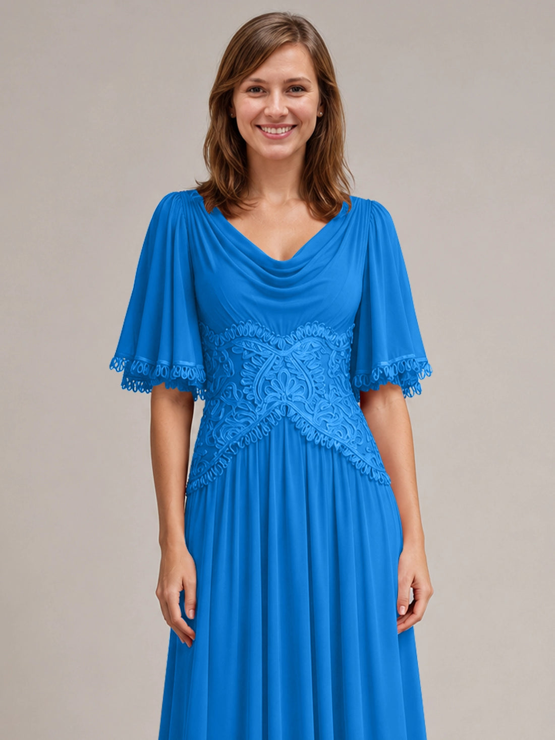 Cowl Neck Mother of the Bride Dress with Applique 