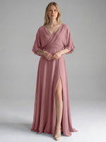 V-neck Slit Ruched Mother Dress 