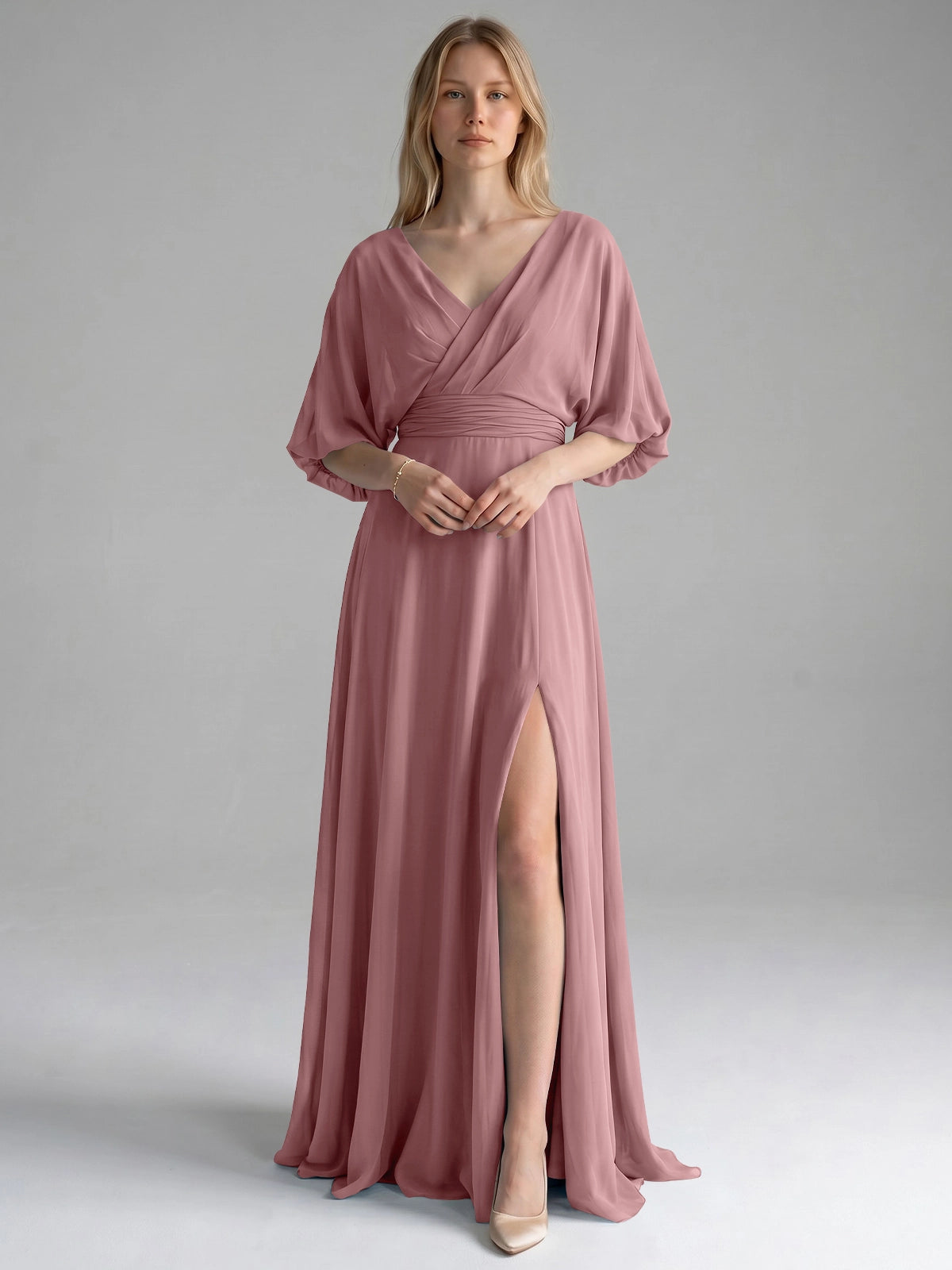 V-neck Slit Ruched Mother Dress 