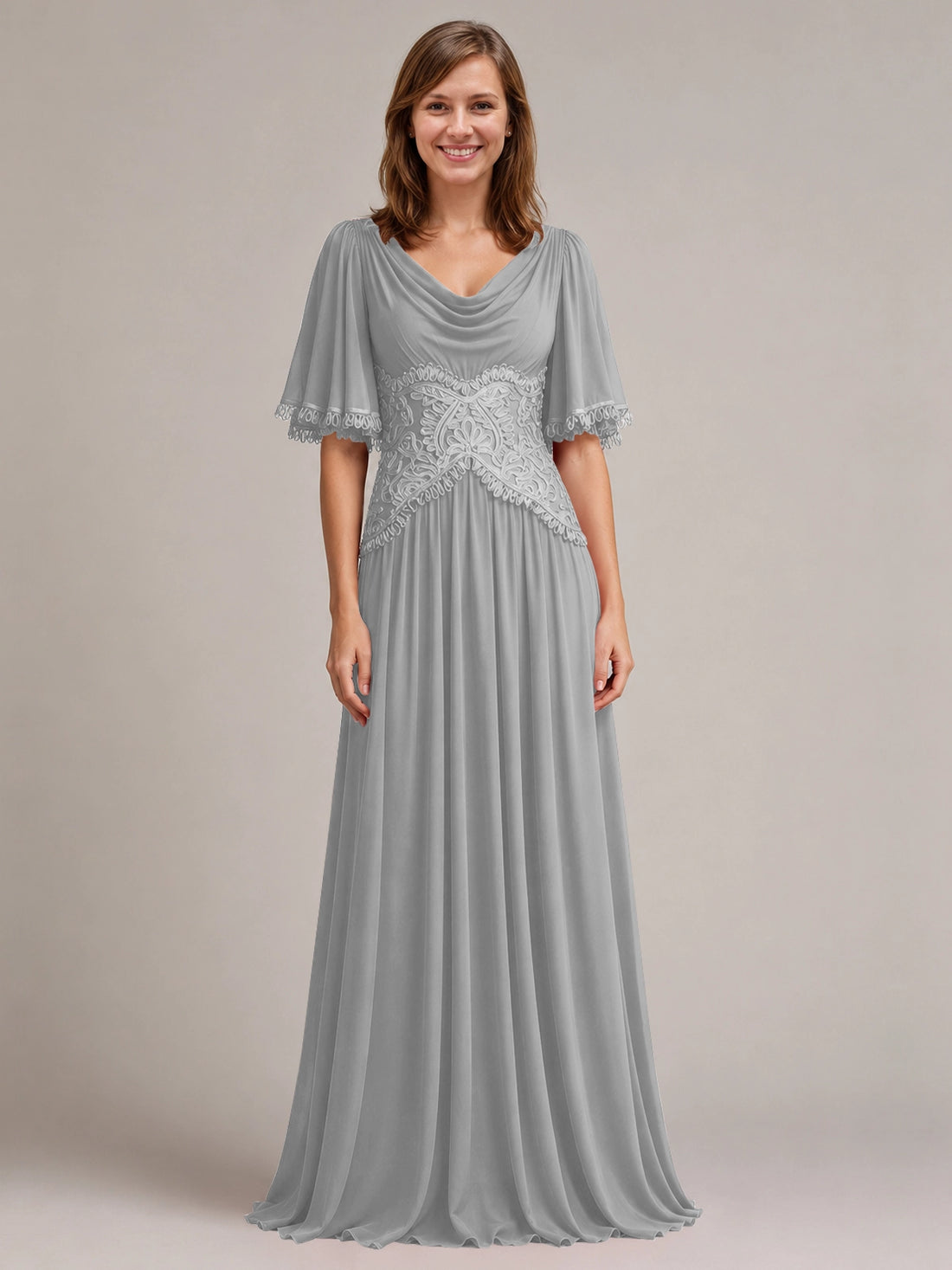 Cowl Neck Mother of the Bride Dress with Applique 