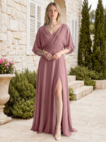 V-neck Slit Ruched Mother Dress 