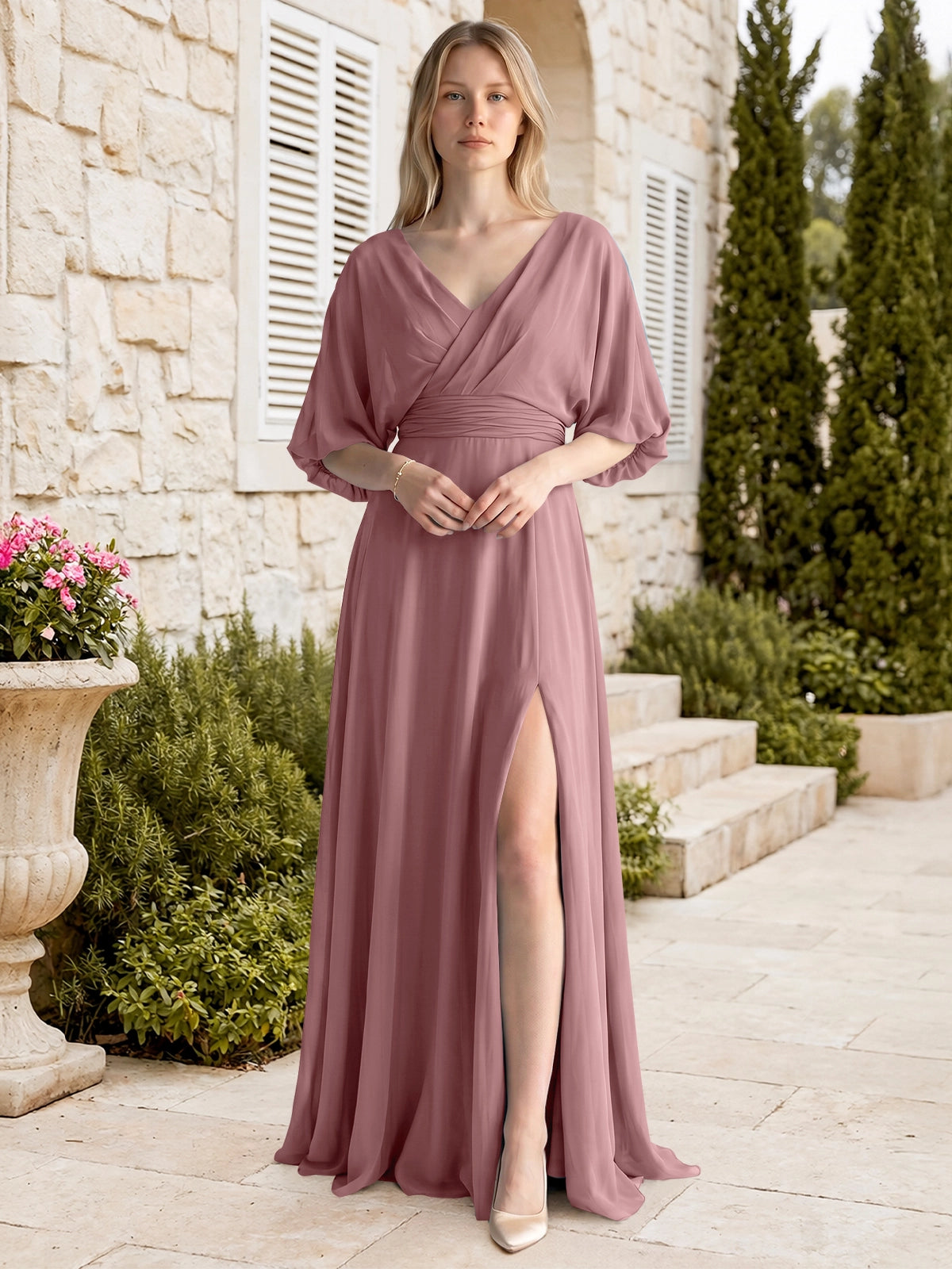 V-neck Slit Ruched Mother Dress 