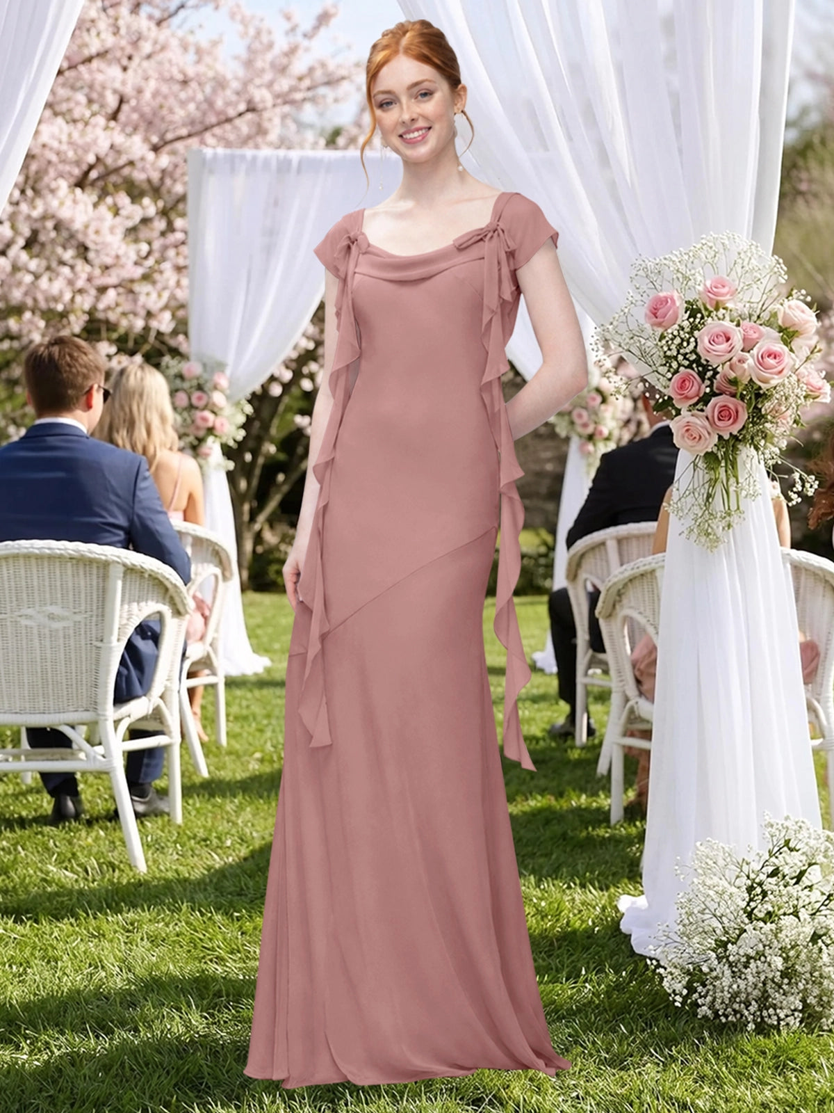 Flowy Ruffle Sheath Bridesmaid Dress 