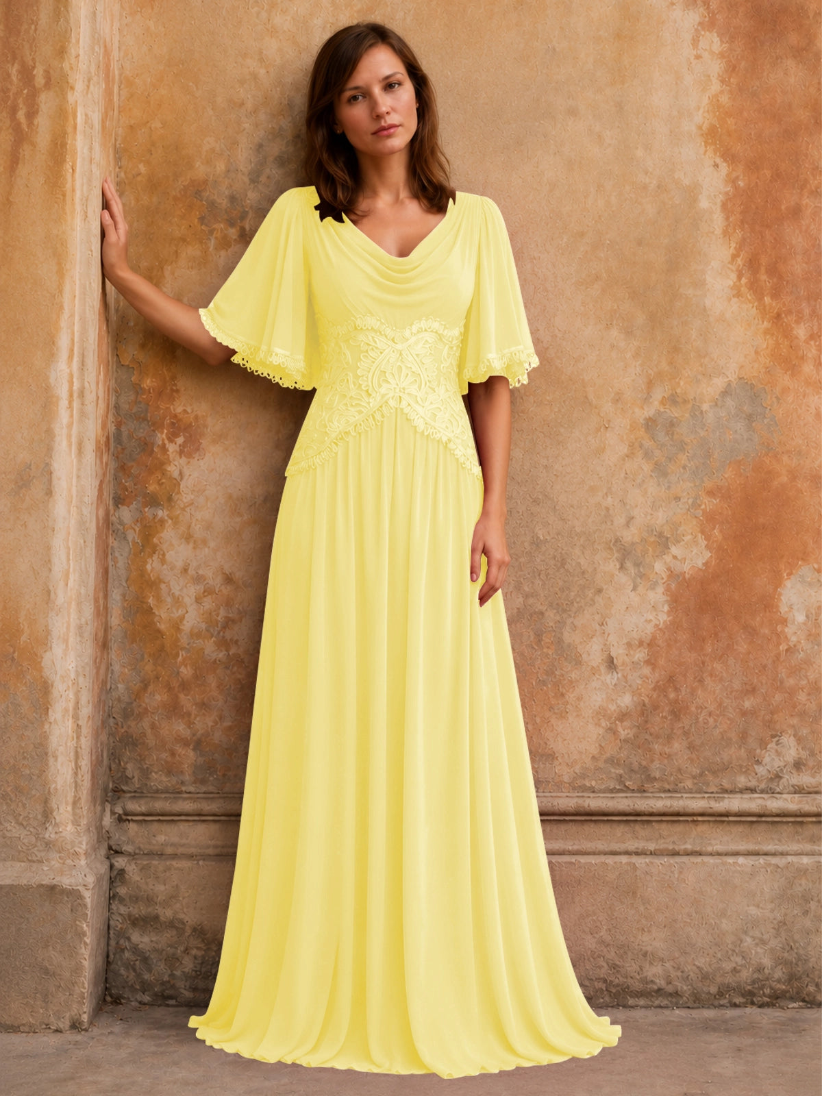 Cowl Neck Mother of the Bride Dress with Applique 