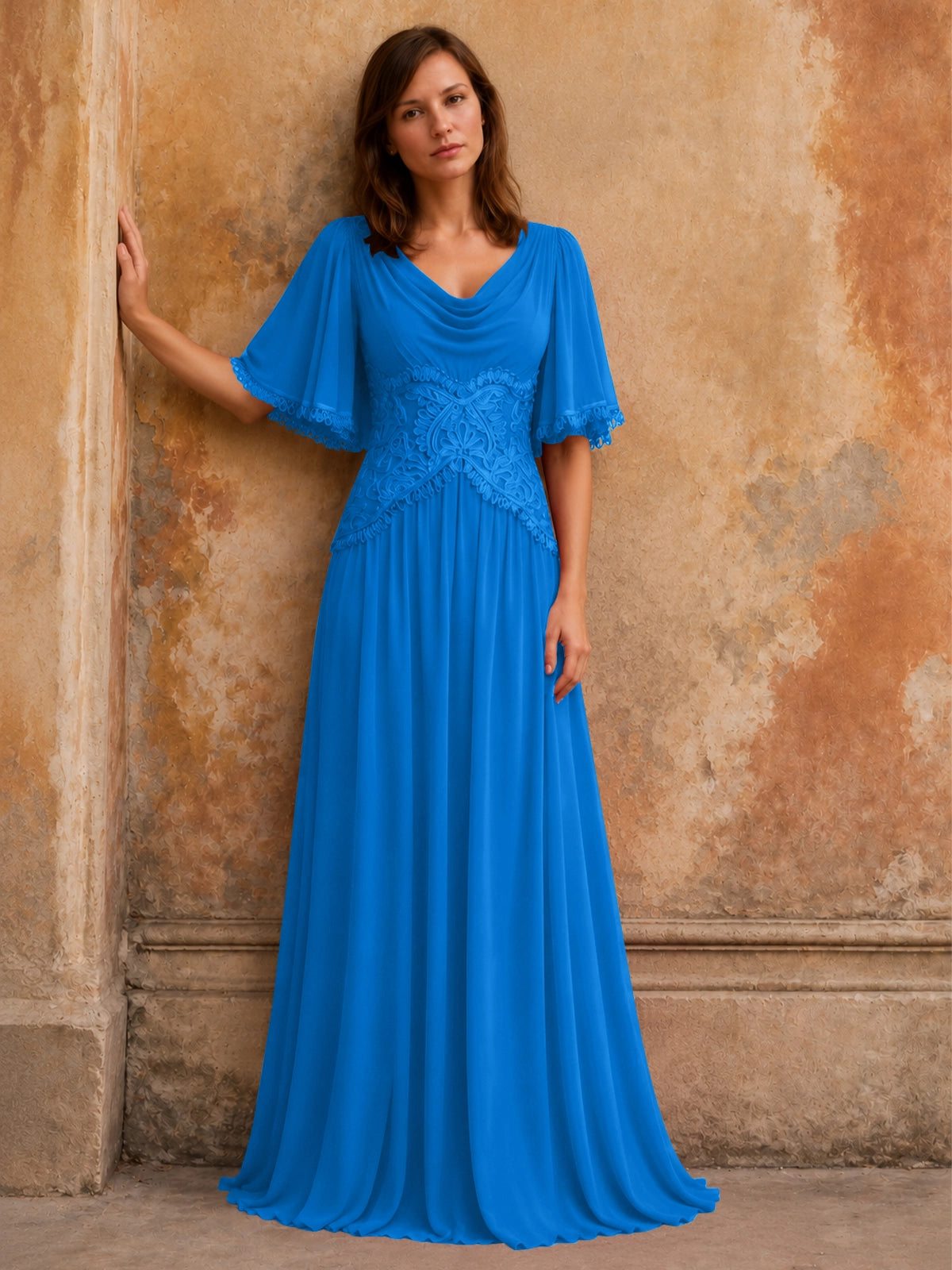 Cowl Neck Mother of the Bride Dress with Applique 
