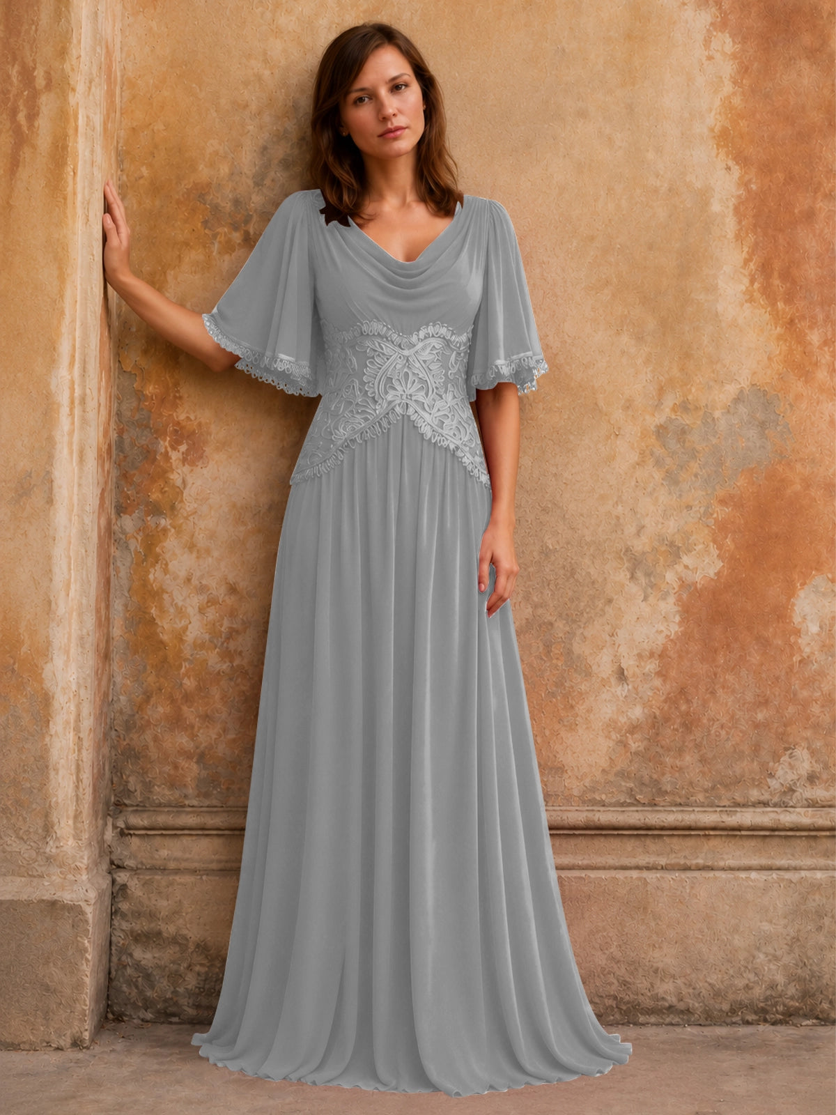 Cowl Neck Mother of the Bride Dress with Applique 
