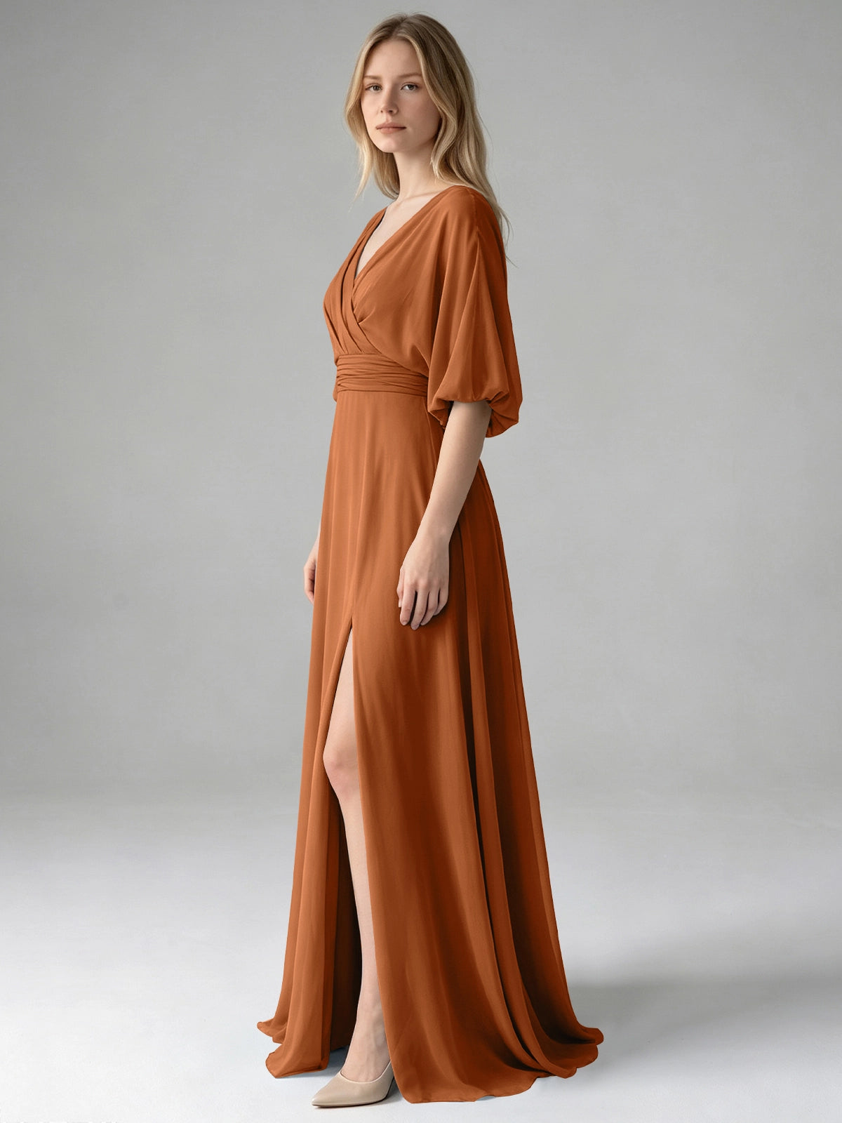 V-neck Slit Ruched Mother Dress 