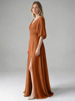V-neck Slit Ruched Mother Dress 