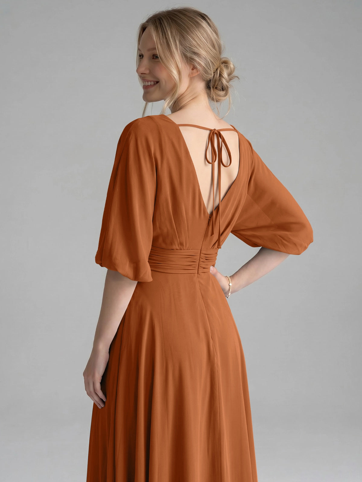 V-neck Slit Ruched Mother Dress 