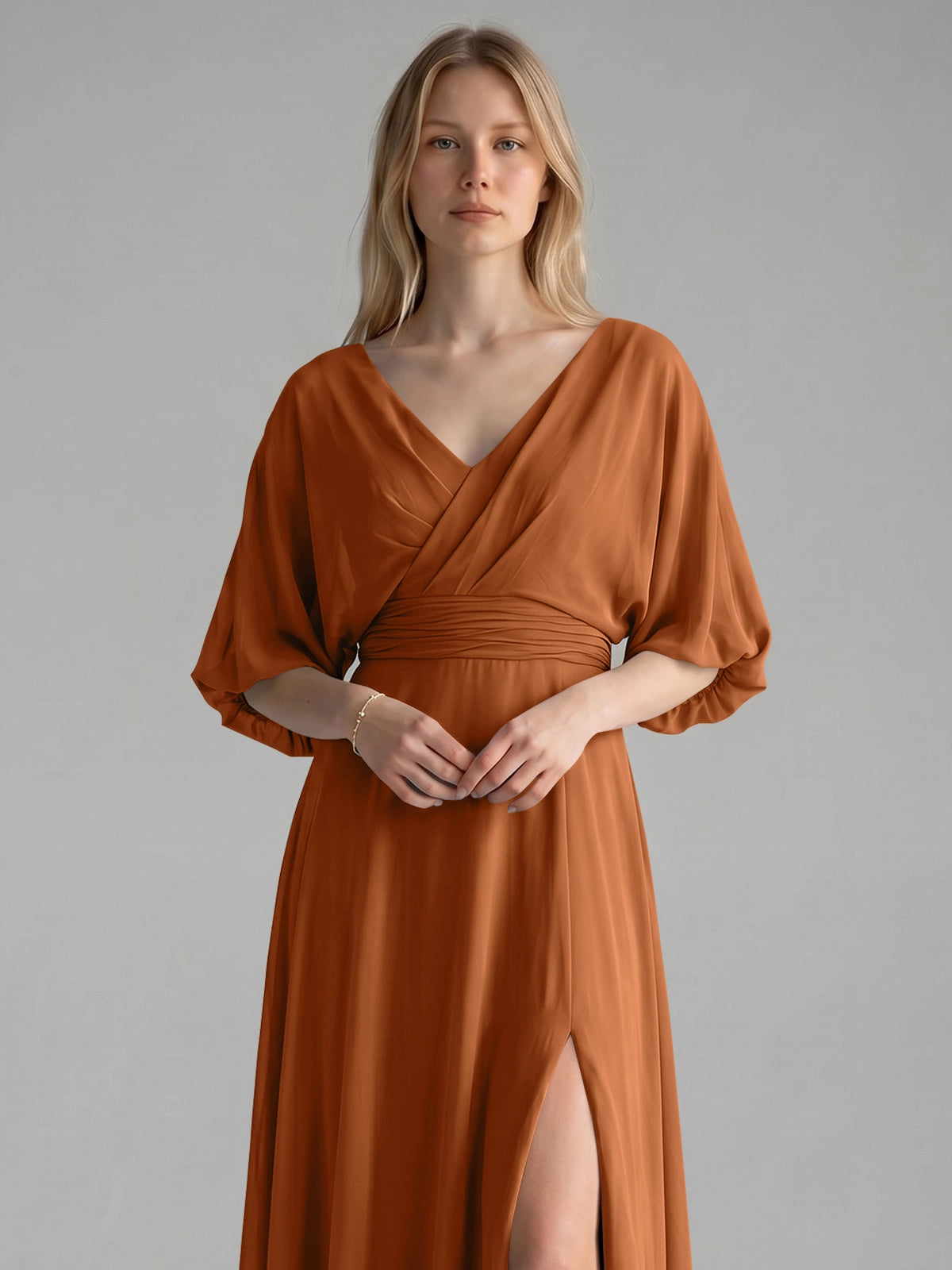 V-neck Slit Ruched Mother Dress 